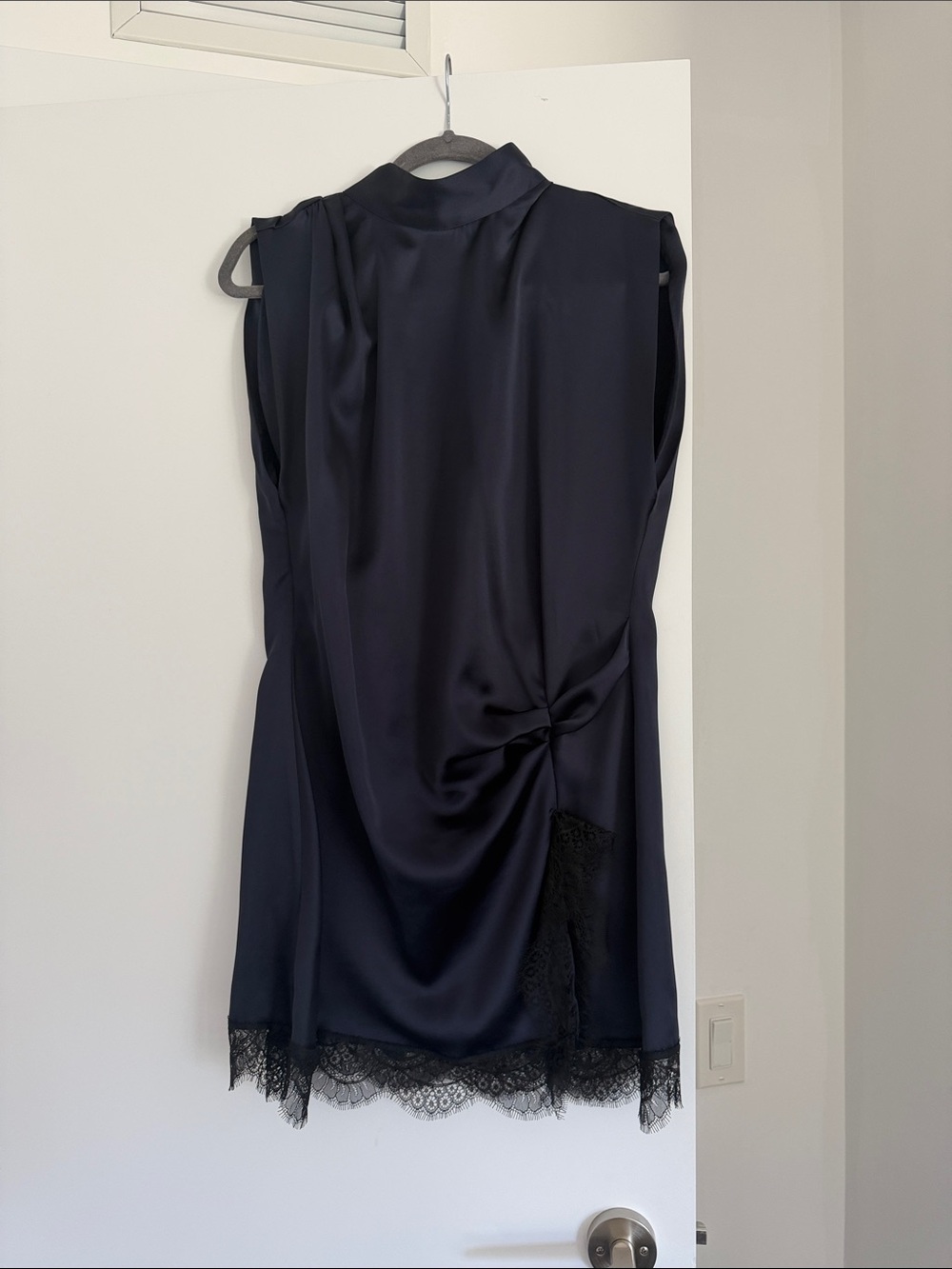 Zara Navy Satin Slip Dress with Lace Hem